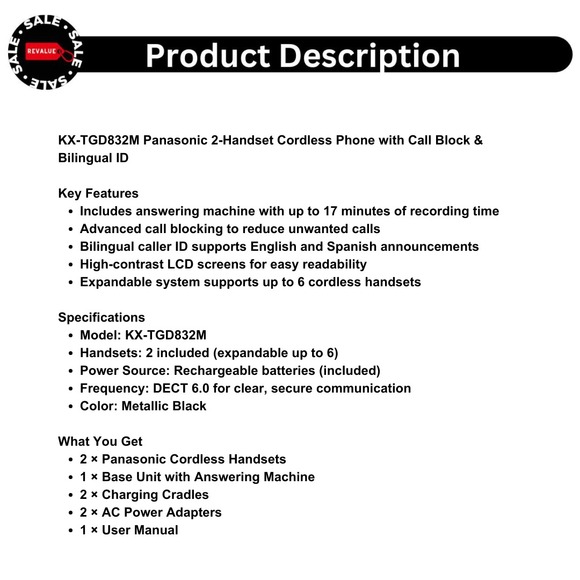 KX-TGD832M Panasonic 2-Handset Cordless Phone with Call Block & Bilingual ID - Picture 2 of 11